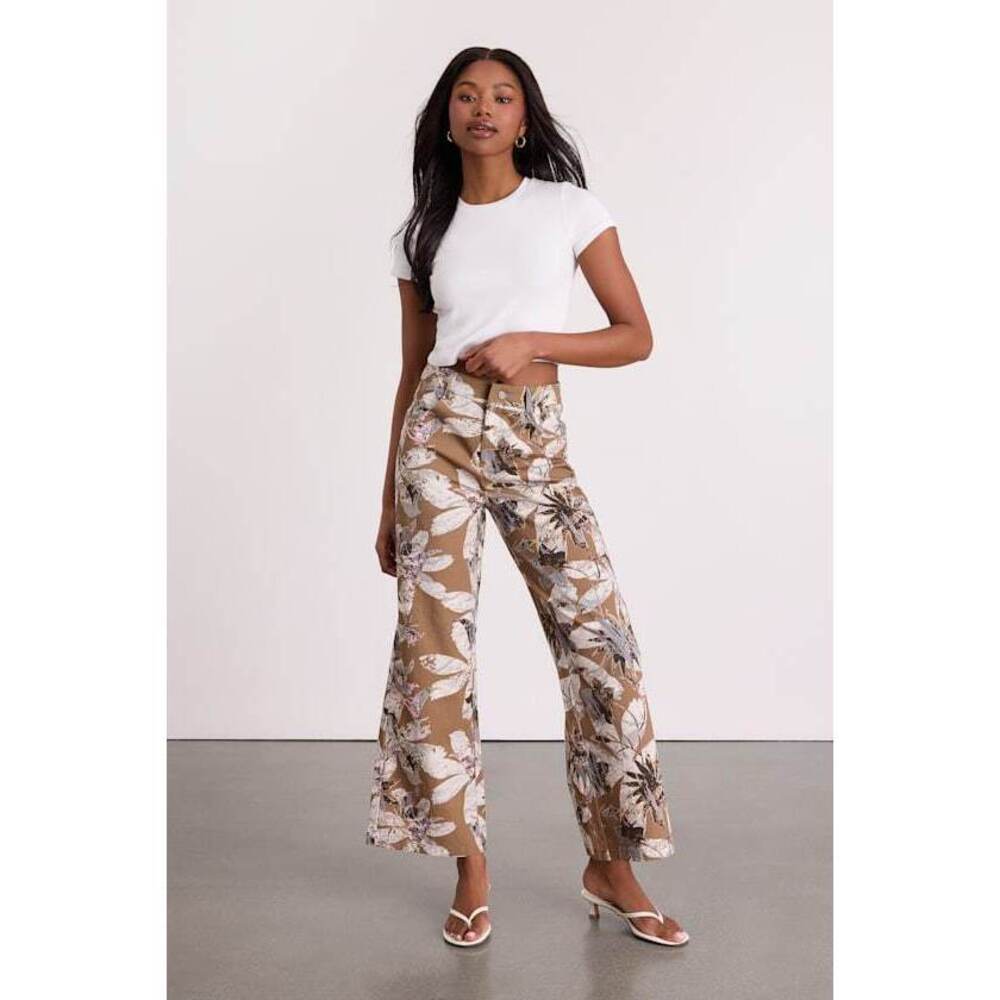 Lulus Venesse Light Brown Floral Twill Wide-leg Pants - Size XS